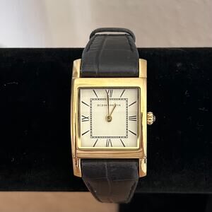 BCBG Maxazria Gold toned watch black leather strap old money classic New Battery